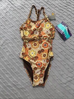 Illusions Kids 10 Retro Floral One-Piece Swimsuit Yellow & Orange made in USA